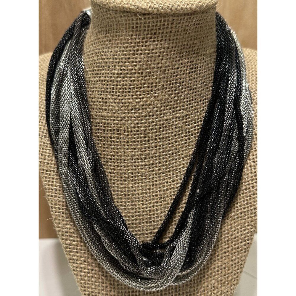 Black Silver Tone Metal Braided Tube Chain Collar Statement Necklace Glam 80s